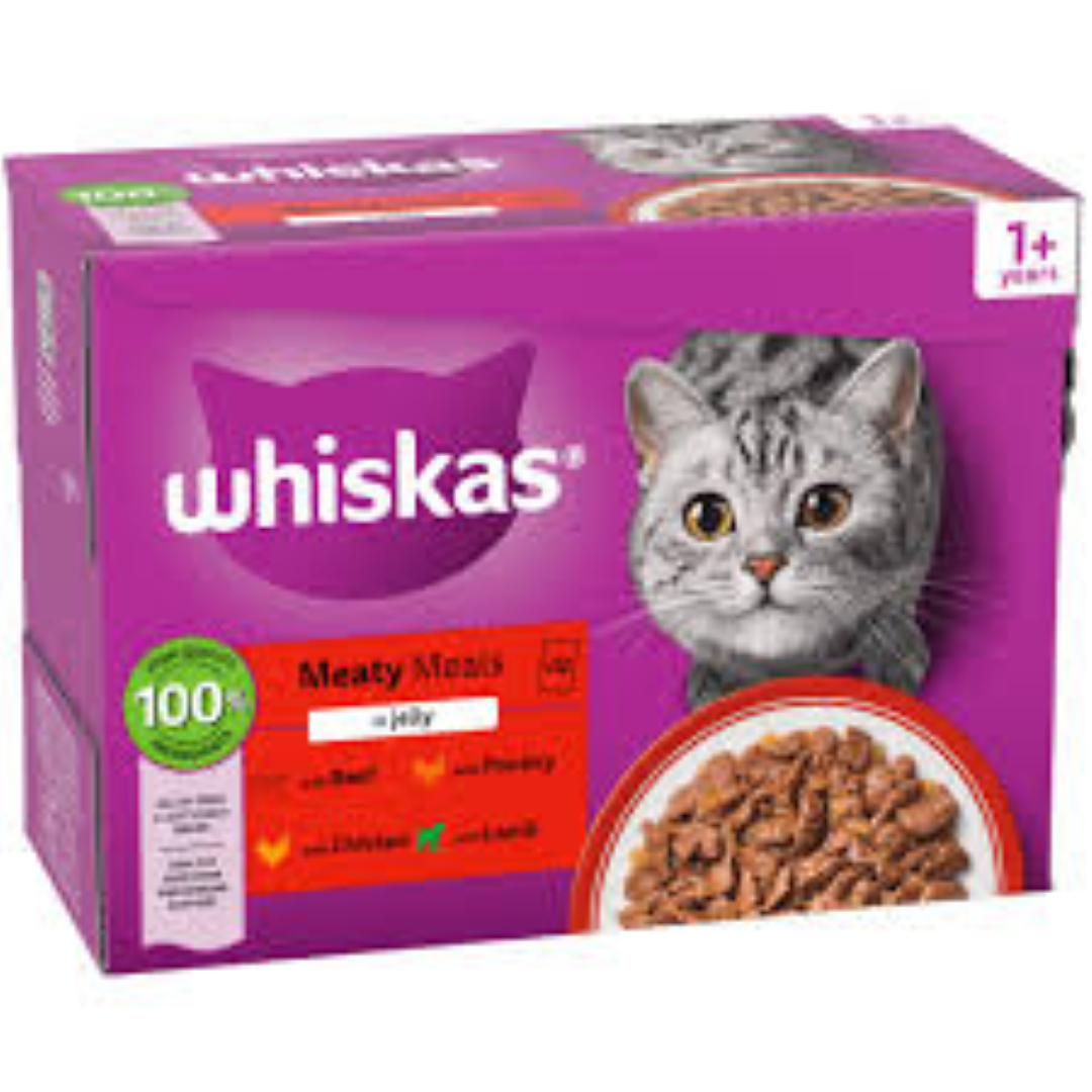 WHISKAS CAT POUCHES MEATY MEALS IN JELLY 12*85G